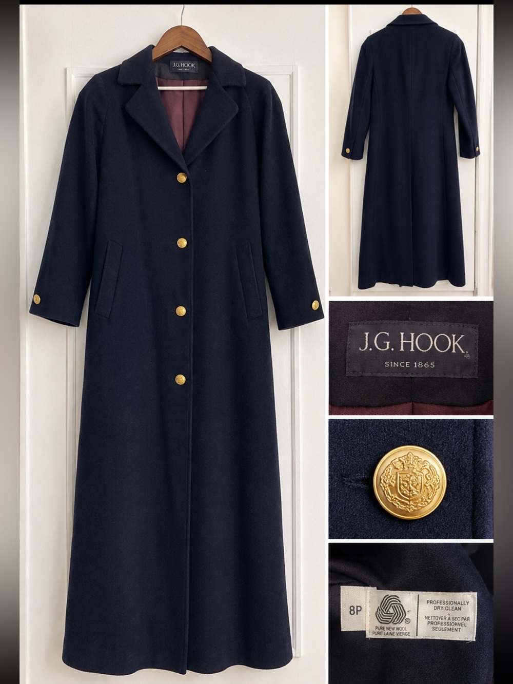 J.G Hook Women's Navy Long Trench Coat with Gold Buttons 100% wool